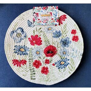 4 pc SUMMER LOVE Braided Placemat Set 15” Rnd Blue Red Poppy Flower Easy Care